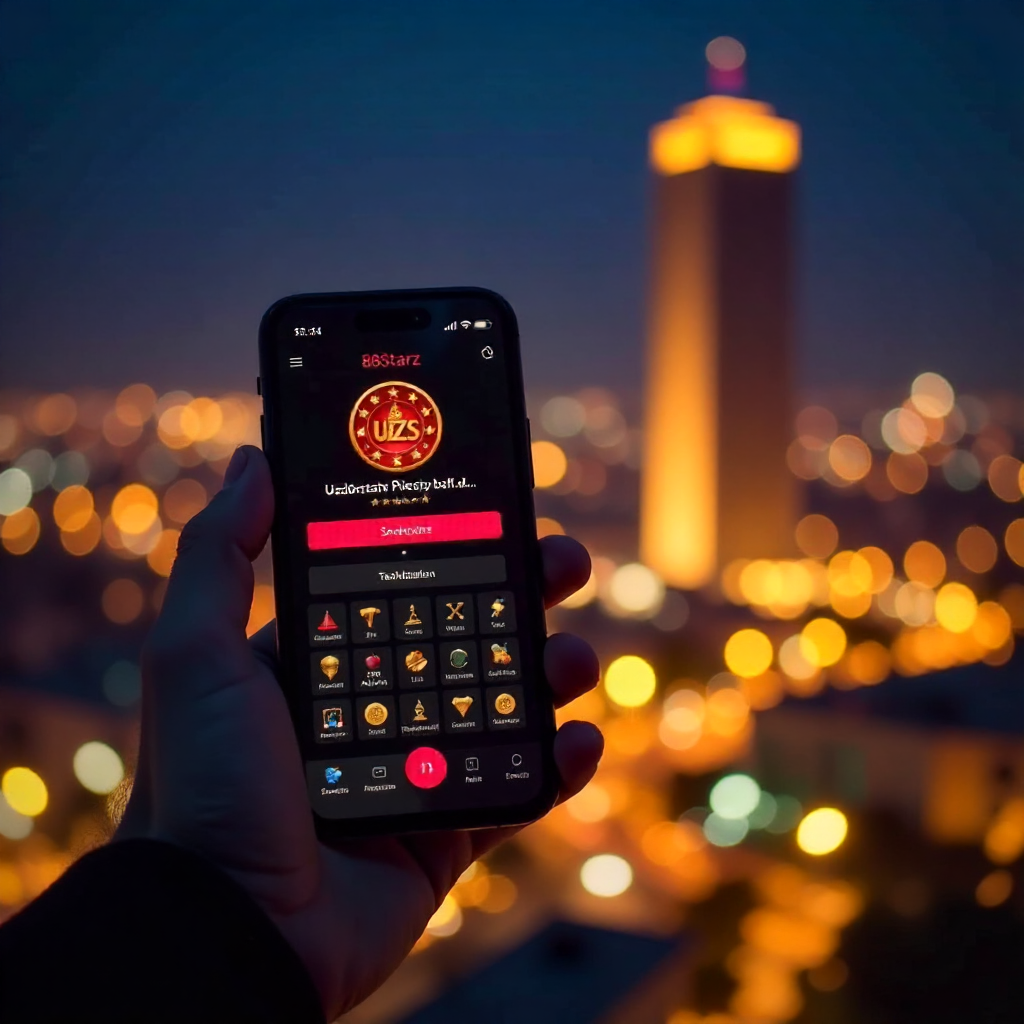 A hand holding a luxury smartphone displaying the official 888starz Uzbekistan app with its signature red and black interface, background is the Tashkent City skyline and Hilton tower at night with vibrant golden bokeh lights, 3D golden coins with UZS sym